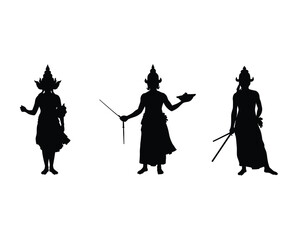 Three stylized black silhouettes of traditional dancers in ornate headdresses and long skirts performing distinct poses against a white background