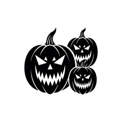 Three black Halloween pumpkins with scary faces on a white background