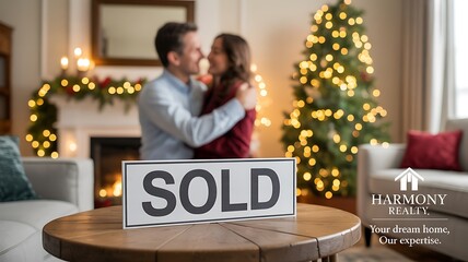 Happy couple celebrating new home purchase with sold sign in cozy christmas living room  
