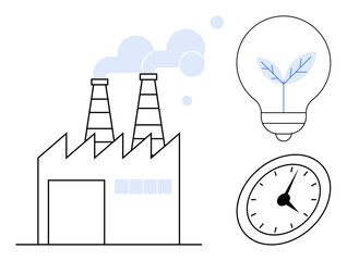 Factory chimneys emitting smoke, lightbulb with growing plant symbolizing green energy, and analog clock representing time. Ideal for sustainability, renewable energy, industry, innovation, time