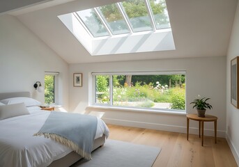 Fototapeta premium Bright and airy bedroom with a large skylight and garden view window, featuring a comfortable bed and wooden floor