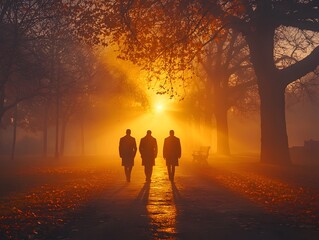Fototapeta premium Three silhouetted figures walk along a foggy park path bathed in warm golden sunlight during autumn