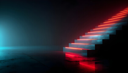 Vibrant 3D Rendered Neon Staircase on Dark Background: Creative Abstract Commercial Design with Glowing Red and Blue Color Scheme. Futuristic Concept for Advertising