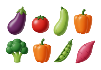 3d icon of assortment of fresh, colorful 3d vegetables and produce, isolated on transparent background