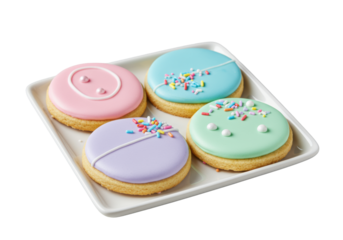 Three gourmet sugar cookies with pastel pink, blue, green icing and rainbow confetti, neatly arranged on a white ceramic plate against a transparent background, 45-degree view. Concept of joyful