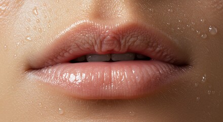 Closeup view of a persons lips glistening with moisture droplets showing wrinkles and pink skin