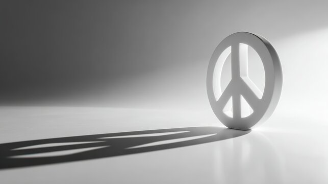 Minimalist high key still life photo of white 3D peace sign on reflective surface with long shadow cast to the right, dramatic studio lighting symbolizing peace, hope and serenity