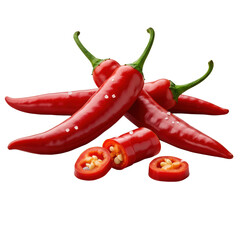 Vibrant, glossy red chili peppers, one sliced revealing glistening seeds, sea salt scattered, isolated on a transparent background. Striking commercial product concept
