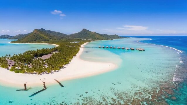 Aerial View of Tropical Island Resort with Turquoise Water, White Sand Beach, Overwater Bungalows and Mountains on a Sunny Day in Bora Bora