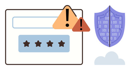 Warning signs over password entry box and binary-coded security shield highlight online safety. Ideal for data security, online safety, privacy, cyber threats, authentication, alerts, awareness