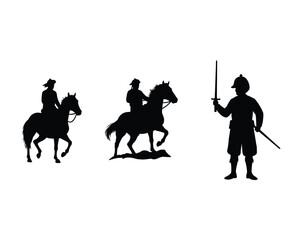 Silhouette of three historical figures on horseback and a standing soldier with a sword against a white background