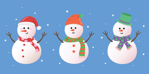 Set of cute snowman characters for Merry Christmas and happy new year season.