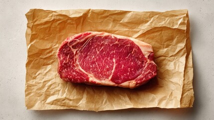 Fresh raw ribeye steak resting on crumpled parchment paper, ready for cooking in a modern kitchen