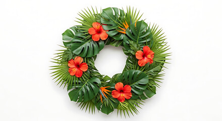 Tropical wreath of vibrant green leaves and bright orange hibiscus flowers.