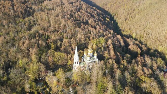 Aerial view of Shipka Monastery Holy Nativity, known as Russian church in town of Shipka, Stara Zagora Region, Bulgaria