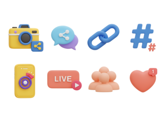 3d icon of social media icon set isolated on transparent background