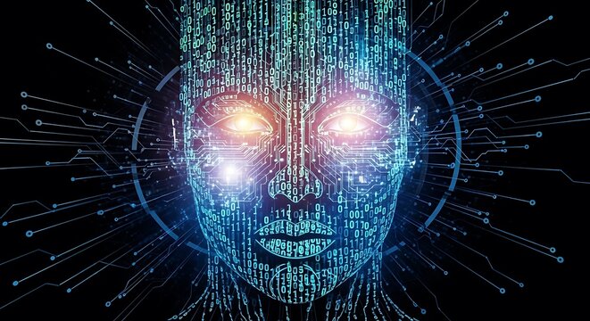 Digital Human Face, Futuristic AI, Technology Concept.