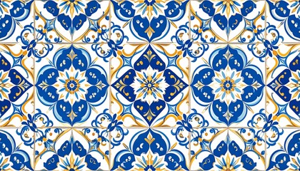 A repeating pattern of intricate blue and gold floral designs on white square tiles creates a visually appealing and decorative surface.