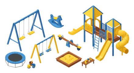 3d icon of children playground equipment set isolated on transparent background