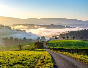 Fototapeta premium A scenic country road winds through a valley blanketed in morning mist, bathed in the soft light of sunrise.