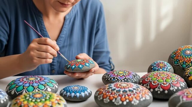Woman Painting Intricate Mandala Designs on Rocks with Brush on White Table Top