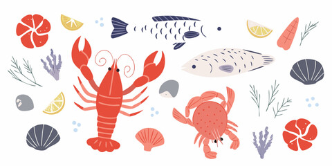 A charming collection of flat illustration seafood elements including a lobster crab fish lemons and seashells