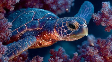Obraz premium Beautiful turtle glowing underwater with corals high resolution picture