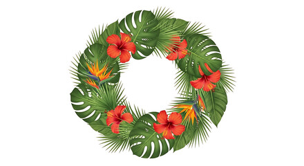 A circular arrangement of vibrant green tropical leaves, red hibiscus flowers, and exotic bird of paradise blooms, creating a festive and natural wreath.