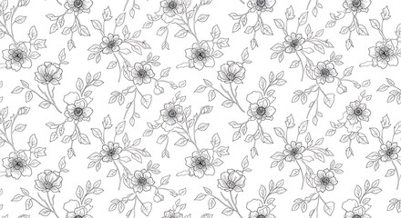 Delicate seamless pattern of hand-drawn floral outlines, showcasing elegant roses, leaves, and winding stems on a clean white background.