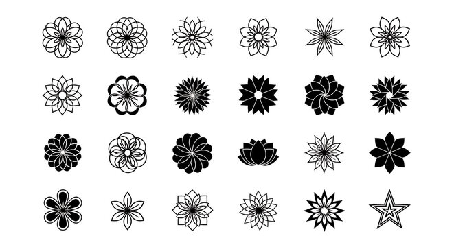 Collection of various black and white floral and star-shaped decorative design elements.