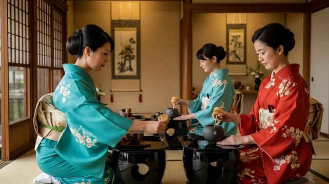Women in Kimono Performing Tea Ceremony in Traditional Japanese Room with Artwork