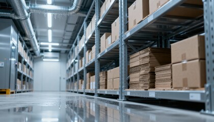 Obraz premium Boxes stacked on shelves inside warehouse, illustrating distribution, supply chain, storage solutions and merchandise