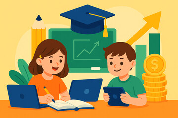 Education, growth, and savings A colorful illustration of learning and financial success