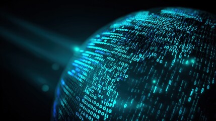 Global Digital Sphere: A High-Tech Visualization of Data Flow and Binary Code Networking