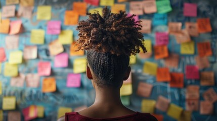 A woman standing in front of a wall covered with colorful sticky notes, Creative brainstorming, Business meeting concept.