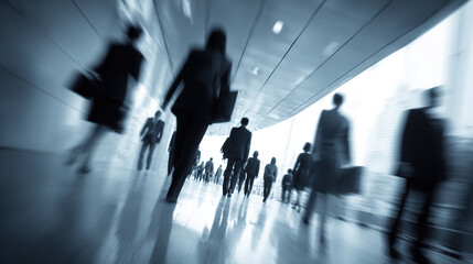 A blurry shot of people in motion walking in a long tunnel.