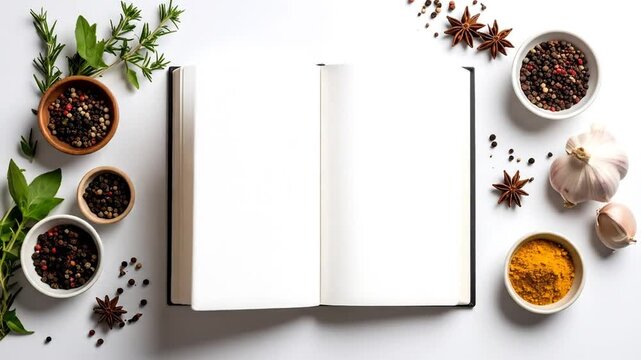 Recipe book with spices and herbs.