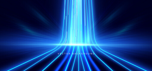 Abstract neon blue speed vertical light on dark blue background. © chaninan