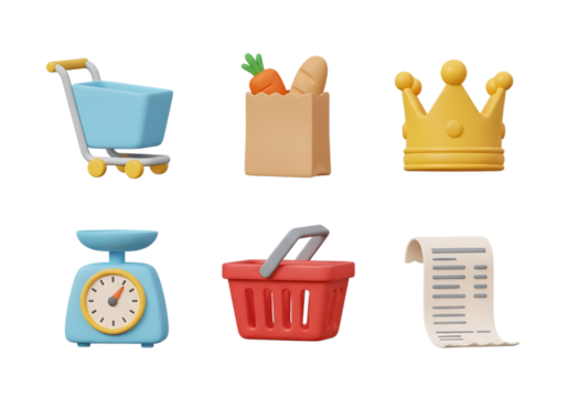 3d icon of shopping and retail icons including cart, grocery bag, crown, scale, basket, and receipt isolated on transparent background