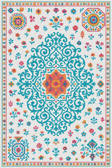 Moroccan Folk art inspired Carpet with modern Pattern in high definition isolated on white canvas with trending colors
