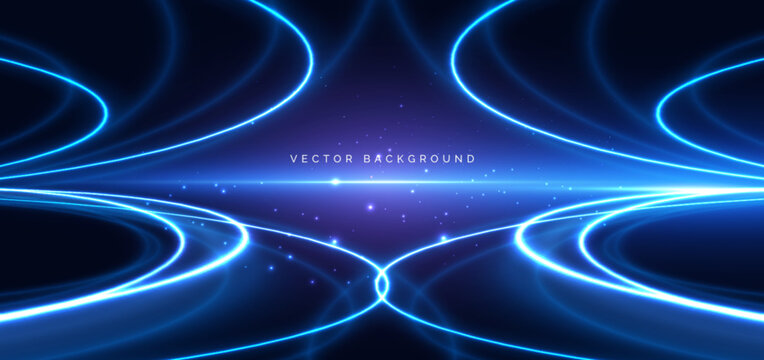 Blue glowing curve rya on dark blue background. Speed movement, hi tech community, car speed concept.