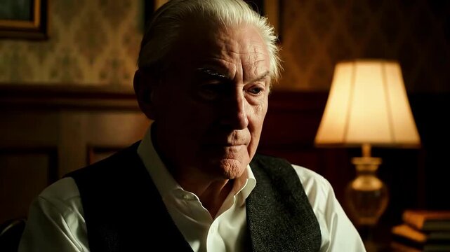 Elderly gentleman in thoughtful reflection as he removes glasses in warm, cozy room