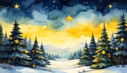 Naklejka premium A winter wonderland scene, with a vibrant display of Christmas trees adorned with golden ornaments, bathed in soft, golden light, against a backdrop of a starry night sky.