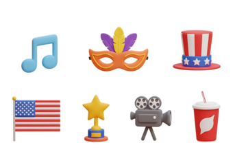 3d icon of collection of american holiday and celebration icons, isolated on transparent background