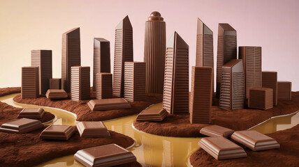 “Fantasy Chocolate City Skyline with Caramel Rivers”