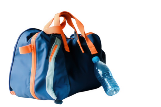 Blue and orange duffel gym bag with water bottle isolated on transparent background