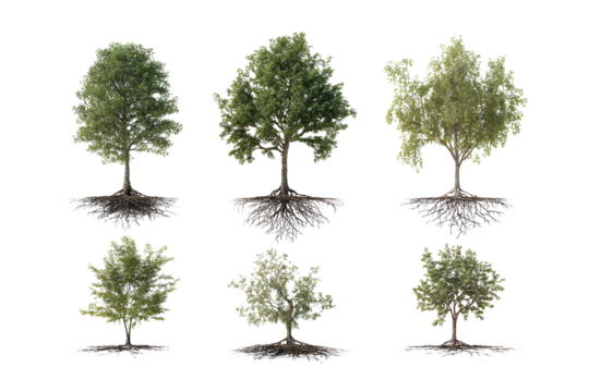 Six different trees with their roots visible. The trees vary in size and shape, with some being taller and others shorter. The roots of the trees are spread out in different directions