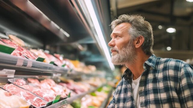 A Shopper in Supermarket: A close-up shot of a thoughtful shopper examines the selection of meat at a supermarket, highlighting choices, consumerism, and fresh food