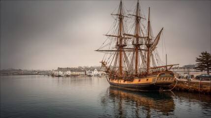 Fototapeta premium Historic Tall Ship Docked at Quayside: A Maritime Scene with Detailed Rigging and Reflections