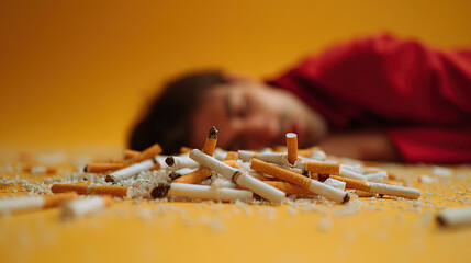 A person lying on a yellow floor, in a blur in the background, with a pile of cigarette butts in sharp focus in the foreground.